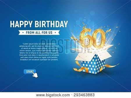 60 Th Years Anniversary Banner With Open Burst Gift Box. Template Sixtieth Birthday Celebration And 