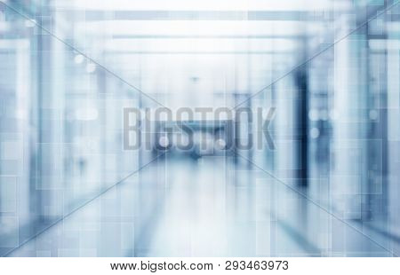 Abstract Defocused Blurred Technology Space Background, Empty Business Corridor Or Shopping Mall. Me