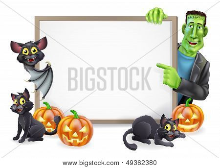 Halloween Sign With Bat And Frankenstein