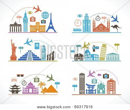 Set infographic design with travel icons and airplane. Flat design travel background. concept of traveling around the world. Famous international landmarks. 