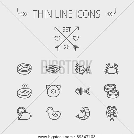 Food and drink thin line icon set for web and mobile. Set includes- steak, sausages, fish, crab, shrimp, lobster icons. Modern minimalistic flat design. Vector dark grey icon on light grey background.