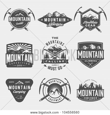 Vector Set Of Mountain Exploration Vintage Logos, Emblems, Silhouettes And Design Elements