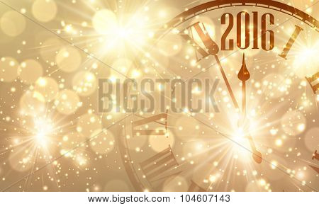 2016 New Year shining background with clock. Vector illustration.
