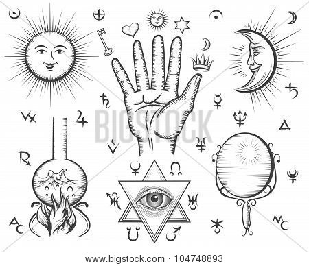 Alchemy, spirituality, occultism, chemistry, magic tattoo vector symbols