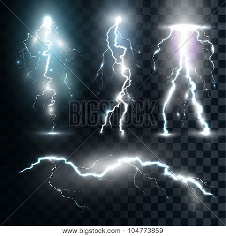 Set isolated realistic lightnings with transparency for design