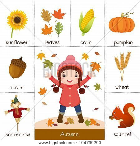 Printable Flash Card For Autumn And Little Girl Playing With Autumn Leaves