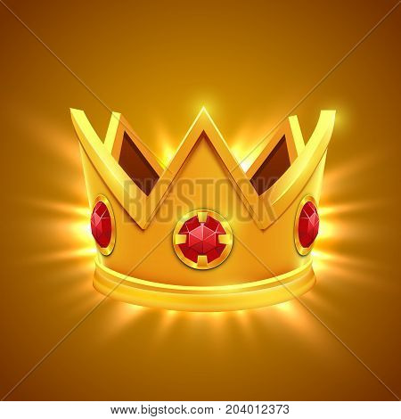 Golden king crown with red jewels. King crown. Golden crown. Isolated crown image. Crown picture. King crown with jewelry. Crown vector. Vector illustration