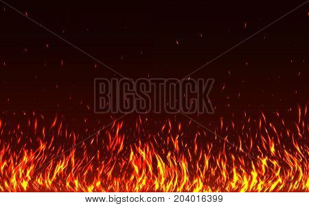 Blaze Fire flames with sparks isolated on black background. Hot realistic fire texture. Glowing particles on a dark background. Danger of fire backdrop. Fire energy. Vector illustration