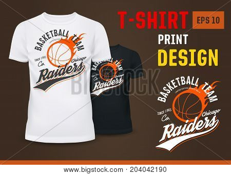 T-shirt with usa raiders basketball team sign for man or male. U-neck white and black t-shirts with flying ball in fire. Branding and advertising, sport, activity and clothing, fashion theme