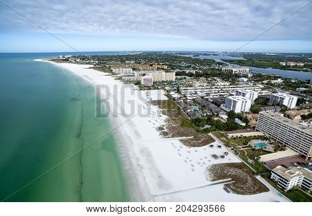 Aerial view of the Siesta Key beach with the most white and clean sand, Florida.