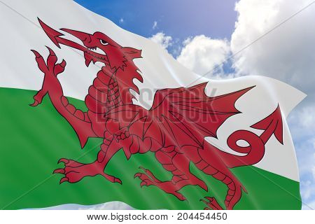 3D Rendering Of Wales Flag Waving On Blue Sky Background