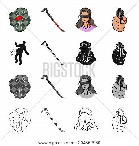 Crime scene, scrap, picklock, girl hostage, directed gun in hand. Crime set collection icons in cartoon black monochrome outline style vector symbol stock illustration .