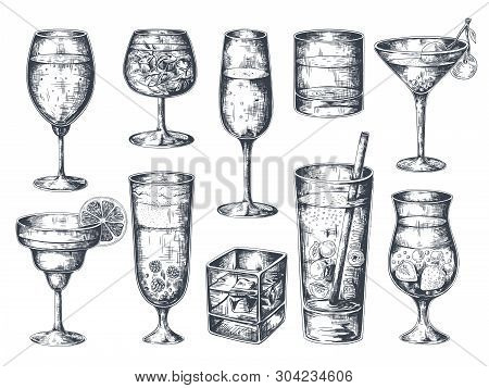 Hand Drawn Cocktails. Glasses With Alcoholic Drinks Tonic And Lemonade, Martini Gin Rum And Tropical