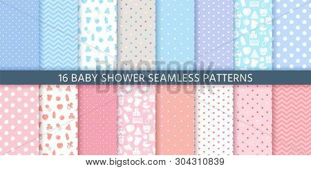 Baby Pattern Seamless. Baby Girl And Boy Shower Backgrounds. Vector. Set Blue Pink Pastel Patterns F