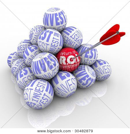 A pyramid of balls marked Invest and an arrow targeting one with the words Return on Investment symbolizing the need to target the best investing strategy