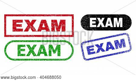 Exam Grunge Watermarks. Flat Vector Scratched Watermarks With Exam Caption Inside Different Rectangl