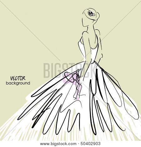 art sketch of beautiful young  bride in white dress and with the bride's bouquet.. Vector background with space for text.