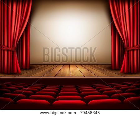 A theater stage with a red curtain, seats. Vector. 