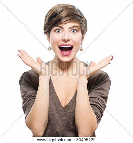 Surprised Woman. Young emotional beauty with short hairstyle looking excited, throwing up hands isolated on white background. Girl with shot brown hair expressing positive emotions, smile with teeth.