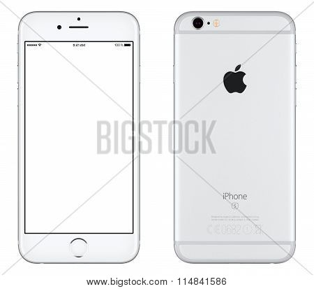 Silver Apple Iphone 6S Mockup Front View With White Screen And Back Side With Apple Inc Logo