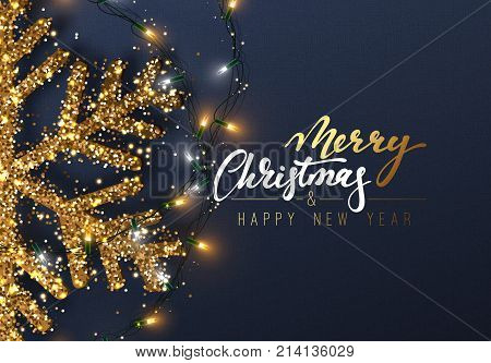 Christmas background with Shining gold Snowflakes. Lettering Merry Christmas card vector Illustration.