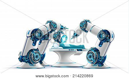 Robotic surgery. Robot surgeon makes a surgery patient on the operating table. Robotic arms holding the surgical instruments. Modern medical technologies. Innovation in medicine. Future concept.