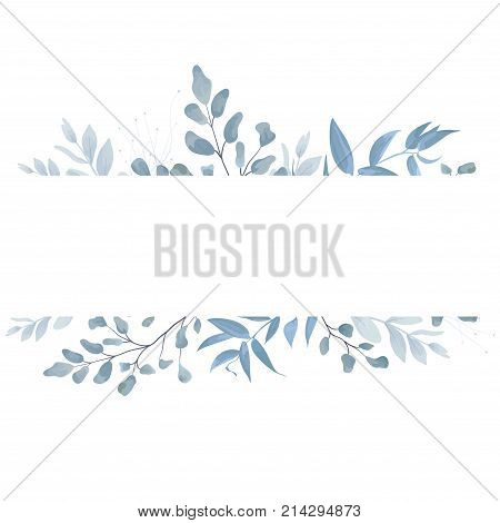 Vector floral card postcard invite design with light watercolor hand drawn blue color dusty leaves fern greenery forest herbs plants. Tender elegant frame border copy space. Beauty editable layout