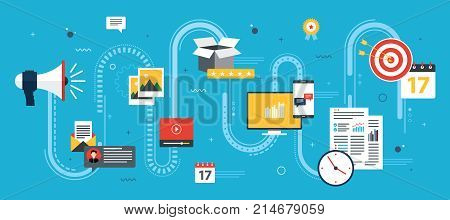 Advertising and marketing communication icons. Concepts for business marketing analytics and strategy in social networks and social media. Flat design vector illustration.