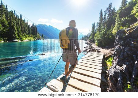 Hike to turquoise waters of picturesque Garibaldi Lake near Whistler, BC, Canada. Very popular hike destination in British Columbia.