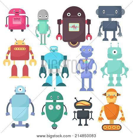 Cute robots, cyborg machine vector science characters. Cyborg and robot character friendly, robotic mascot illustration