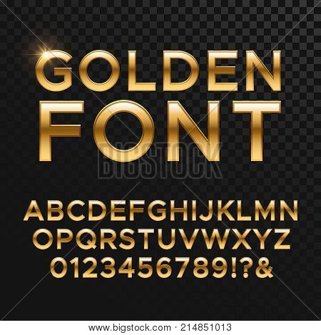 Golden glossy vector font or gold alphabet. Yellow metal typeface. Metallic golden abc, alphabet typographic luxury illustration