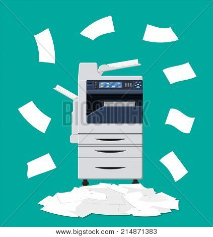 Office multifunction machine. Pile of paper documents. Bureaucracy, paperwork, office. Printer copy scanner device. Proffesional printing station. Vector illustration in flat style