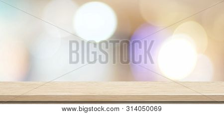 Wooden Table, Tabletop, Desk Over Blur Store With Bokeh Light Background, Empty Wooden Shelf, Counte