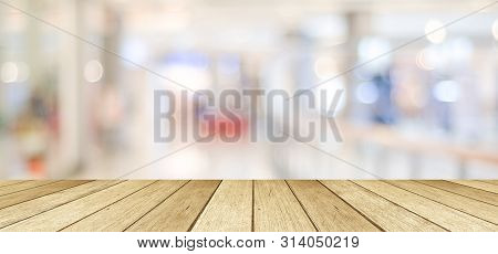 Wooden Table, Tabletop, Desk Over Blur Store With Bokeh Light Background, Empty Wooden Shelf, Counte