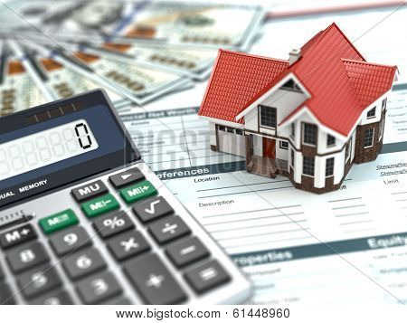 Mortgage calculator. House, noney and document. 3d