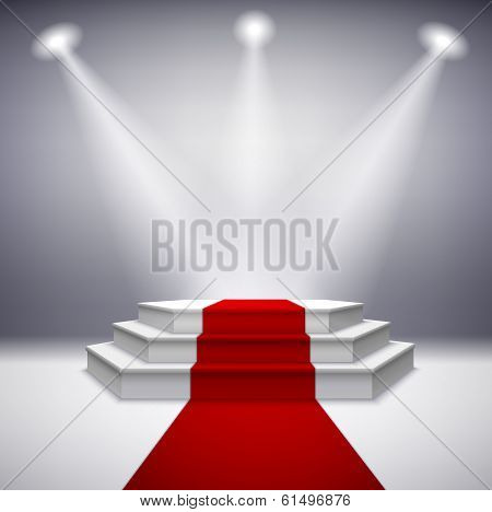 Illuminated stage podium with red carpet