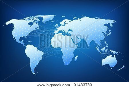 World Map With Nodes Linked By Lines. Polygonal Structure Map.