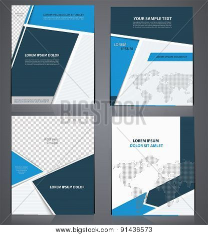 Set Of Blue Business Brochures  In One Style With Pixel World Map,  Flyer Design Template In A4 Size