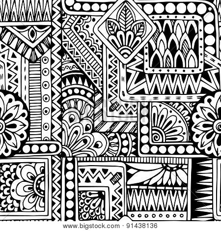 Seamless ethnic  doodle black and white background pattern in vector