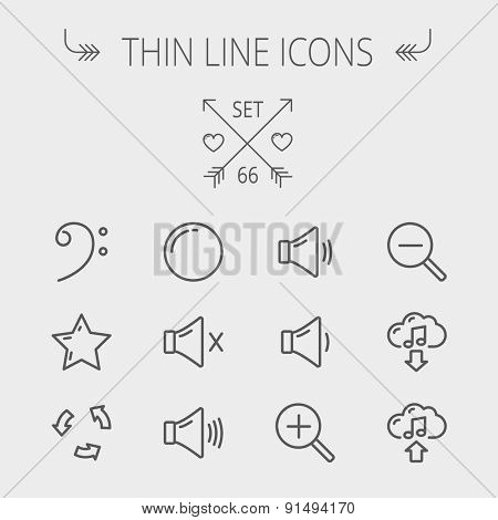 Music and entertainment thin line icon set for web and mobile. Set includes- C-clef, star, replay, stop, volume speaker icons. Modern minimalistic flat design. Vector dark grey icon on light grey