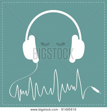 White Headphones With Cord In Shape Of Cardiogram Track Line. Eyelashes Love Music Card. Flat Design