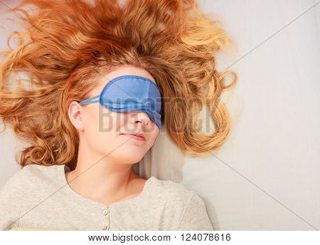 Sleeping Woman Wearing Blindfold Sleep Mask.