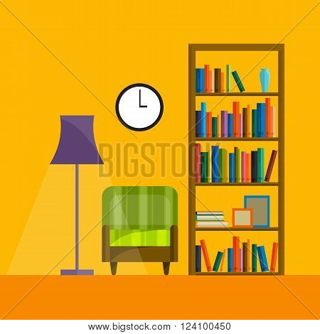 Bookshelf with books in vector. Bookshelf in a flat style with long shadow. Illustration of modern shelves for books. Wall bookshelf with a stack of books. Wooden bookshelf with books in the series.