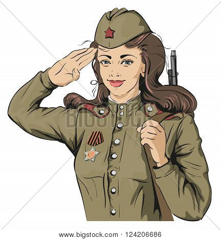 Russian Girl soldier. Female soldier in retro military uniforms. May 9 Victory Day. Isolated on white vector illustration