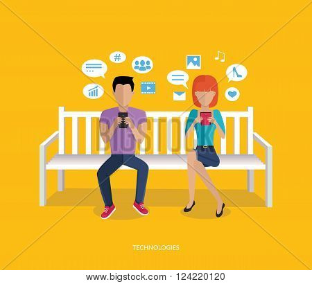 Internet addiction disorder technology. People man and woman game smartphone on bench, web addict, internet dependence, technology mobile addiction, social web addiction vector illustration