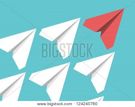 White and red paper planes flying in turquoise blue sky. Leadership success teamwork management boss motivation and business concept. EPS 8 vector illustration no transparency