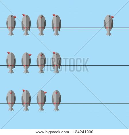 Group of birds perching on wire together and an independent free unique one apart. Courage will power individuality leadership concept. EPS 8 vector illustration no transparency