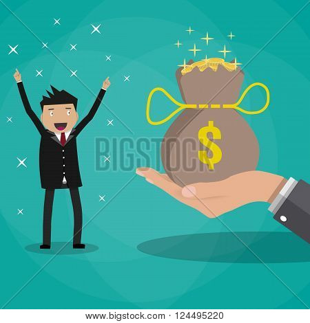 happy cartoon business man receives a huge bag of gold coins. bonus concept. vector illustration in flat design on green background