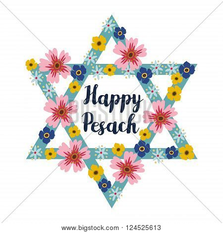 Pesach Passover greeting card with jewish star and hand drawn flowers vector illustration background