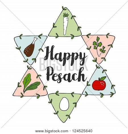 Jewish Pesach Passover greeting card with seder doodle icons and jewish star vector illustration background